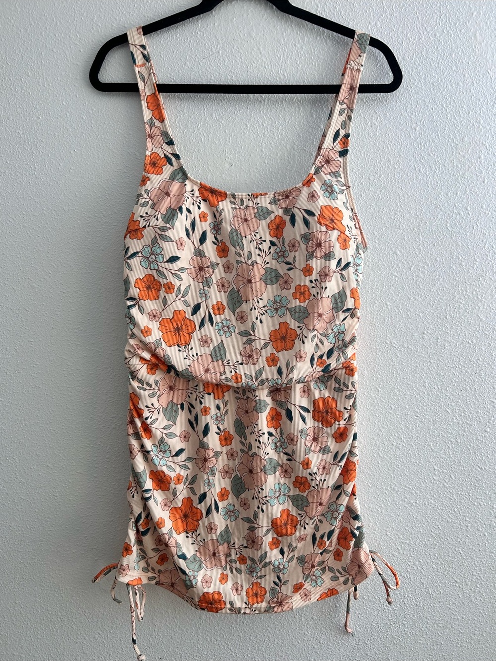 Scoop Neck Floral One-Piece Swimsuit in Cream with Orange & Pink Flowers